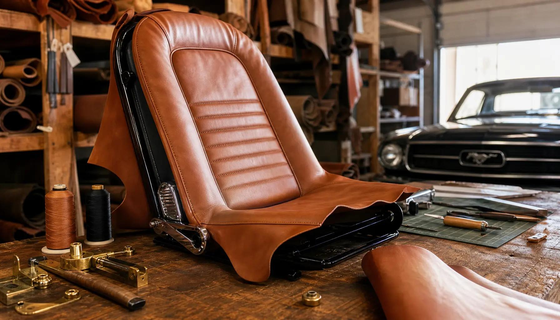 Housse de siège en cuir cognac ajustée sur une structure de siège baquet Mustang, dans l'atelier