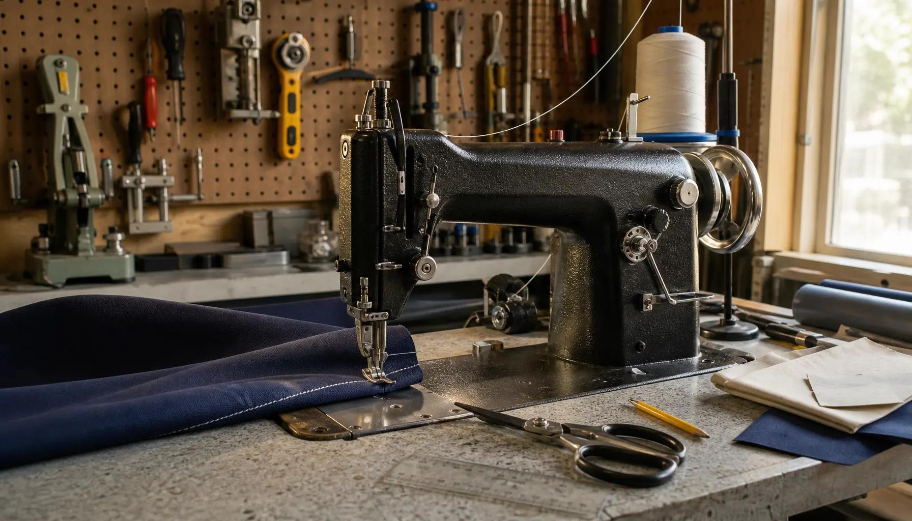 Machine à coudre industrielle à pied baladeur, toile marine sous le pied presseur